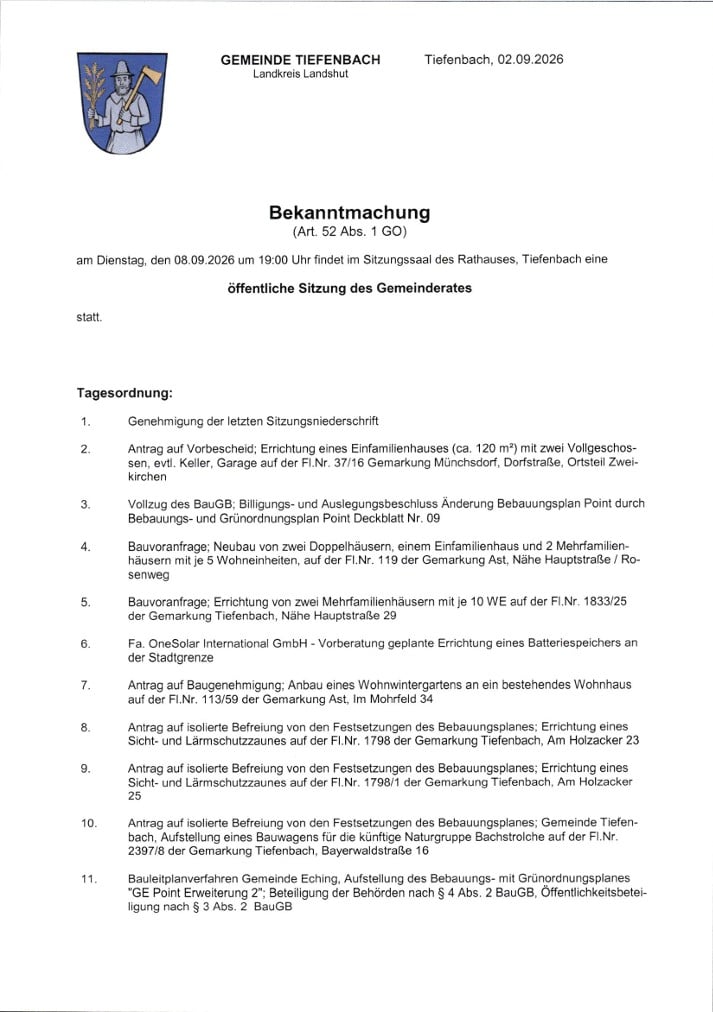 Bekanntmachung der öffentlichen Sitzung des Gemeinderats am 08.09.2026
