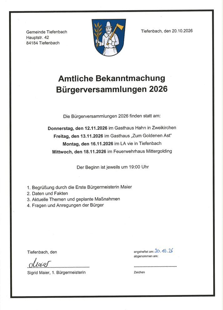 Bekanntmachung der Termine für die Bürgerversammlungen 2026
