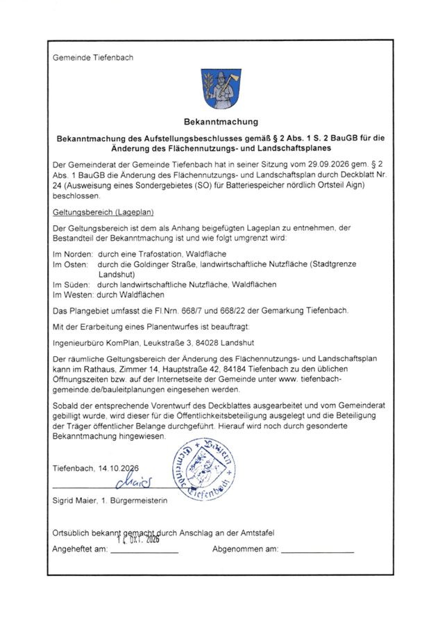 Bekanntmachung des Aufstellbeschlusses gemäß § 2 Abs. 1 S. 2 BauGB für die Änderung des Flächennutzungs- und Landschaftsplanes_1