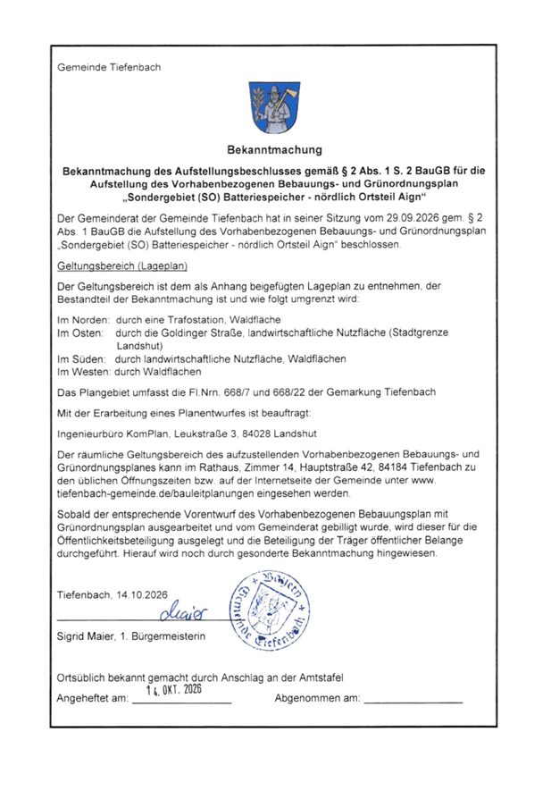 Bekanntmachung des Aufstellbeschlusses gemäß § 2 Abs. 1 S. 2 BauGB für die Aufstellung des vorhabenbezogenen Bebauungs-und Grünordnungsplan
